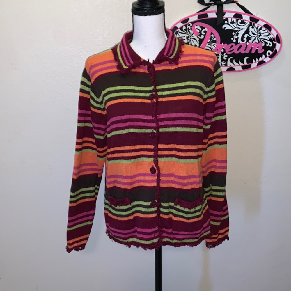 Studio Works colorful striped shaggy button down cardigan sweater